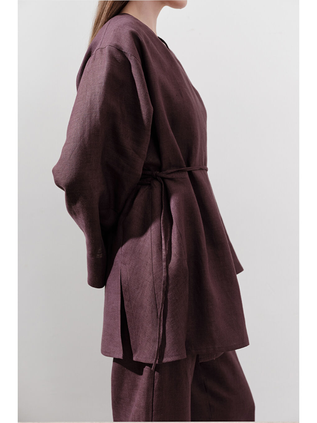 Keten Kruvaze Kapama Kimono Mürdüm-3