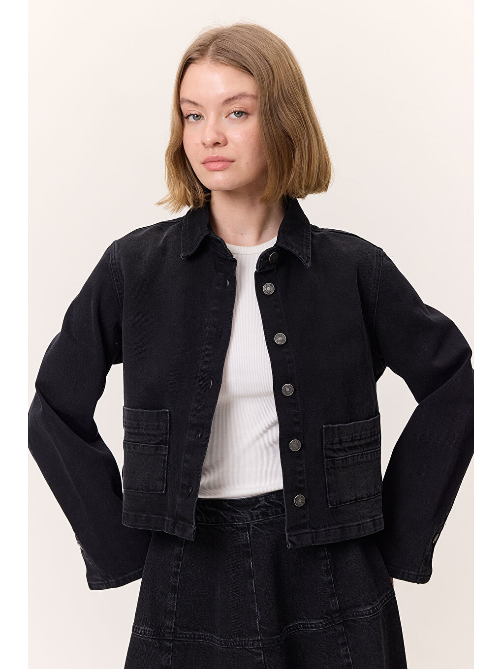 Kısa Denim Gömlek Ceket Siyah