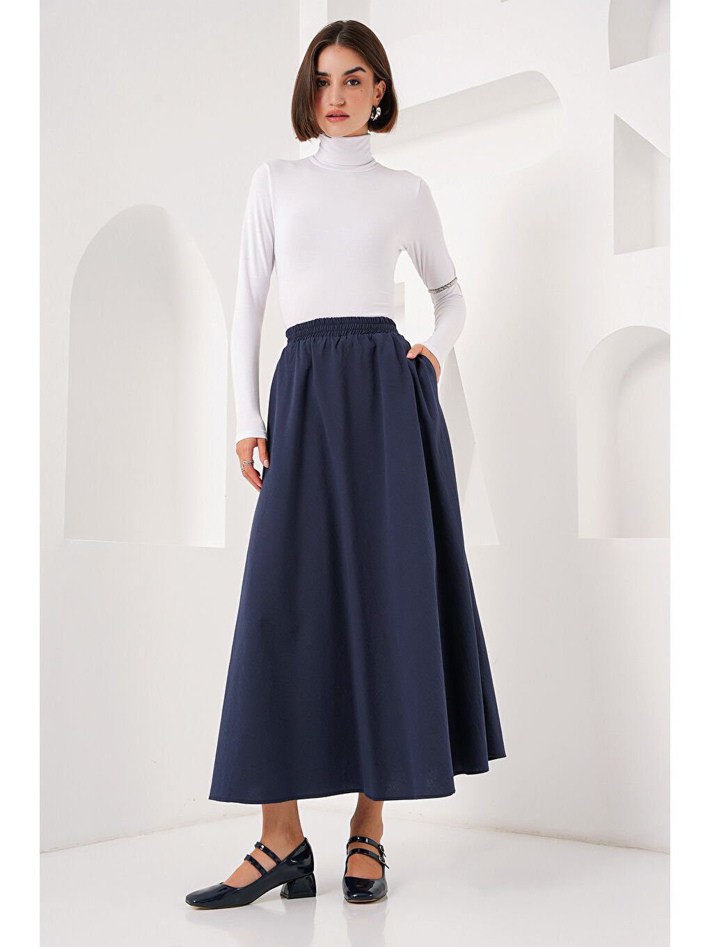 Kadın Cep Detaylı Uzun Etek 8024 - Lacivert