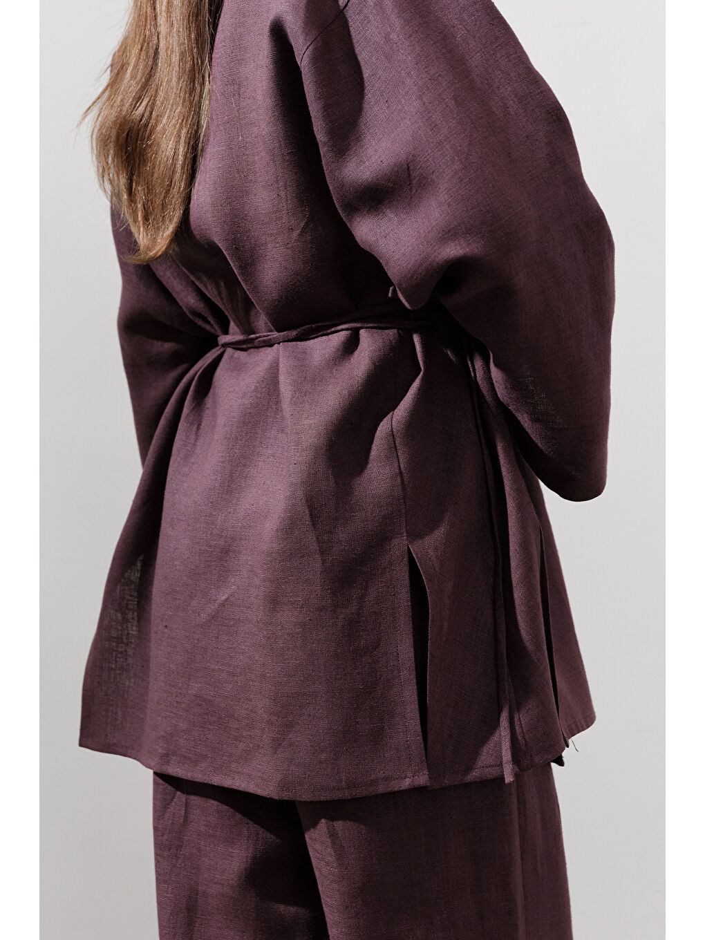 Keten Kruvaze Kapama Kimono Mürdüm-4