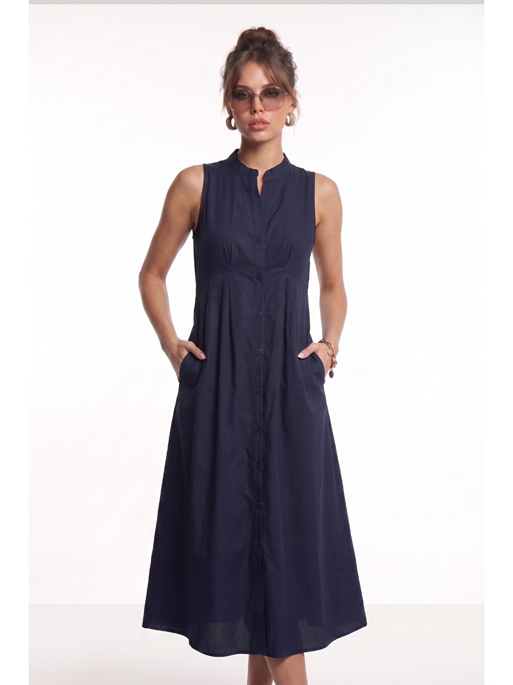 Kolsuz Midi Poplin Gömlek Elbise Lacivert Lmx0093-3