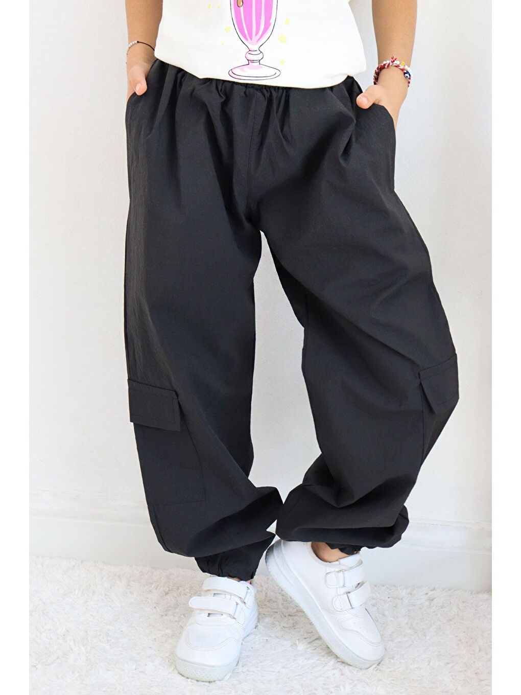 Kız Çocuk Paraşüt Jogger Paça Pantolon Kargo Cep Siyah (7-12 Yaş)-1