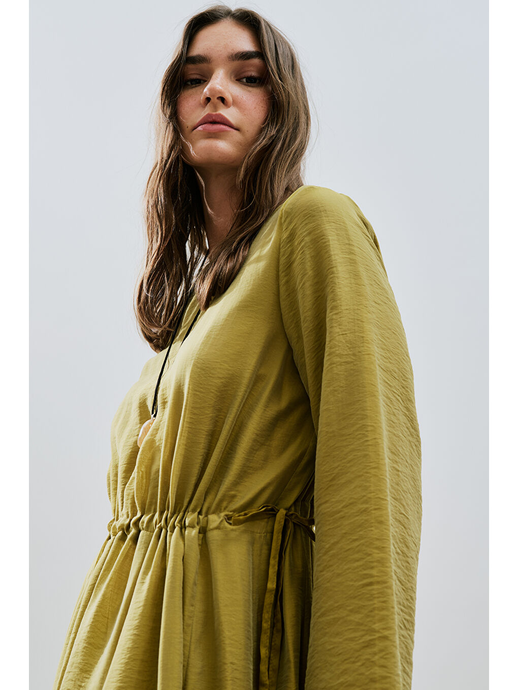 Uzun Beli Ayarlamalı Elbise Sarı-2