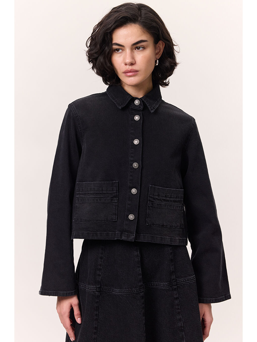 Kısa Denim Gömlek Ceket Siyah-4