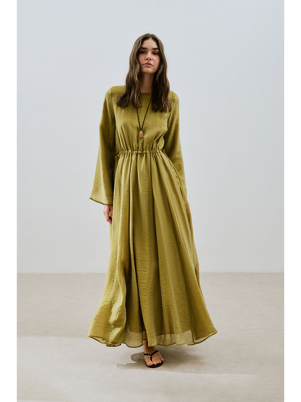 Uzun Beli Ayarlamalı Elbise Sarı-3