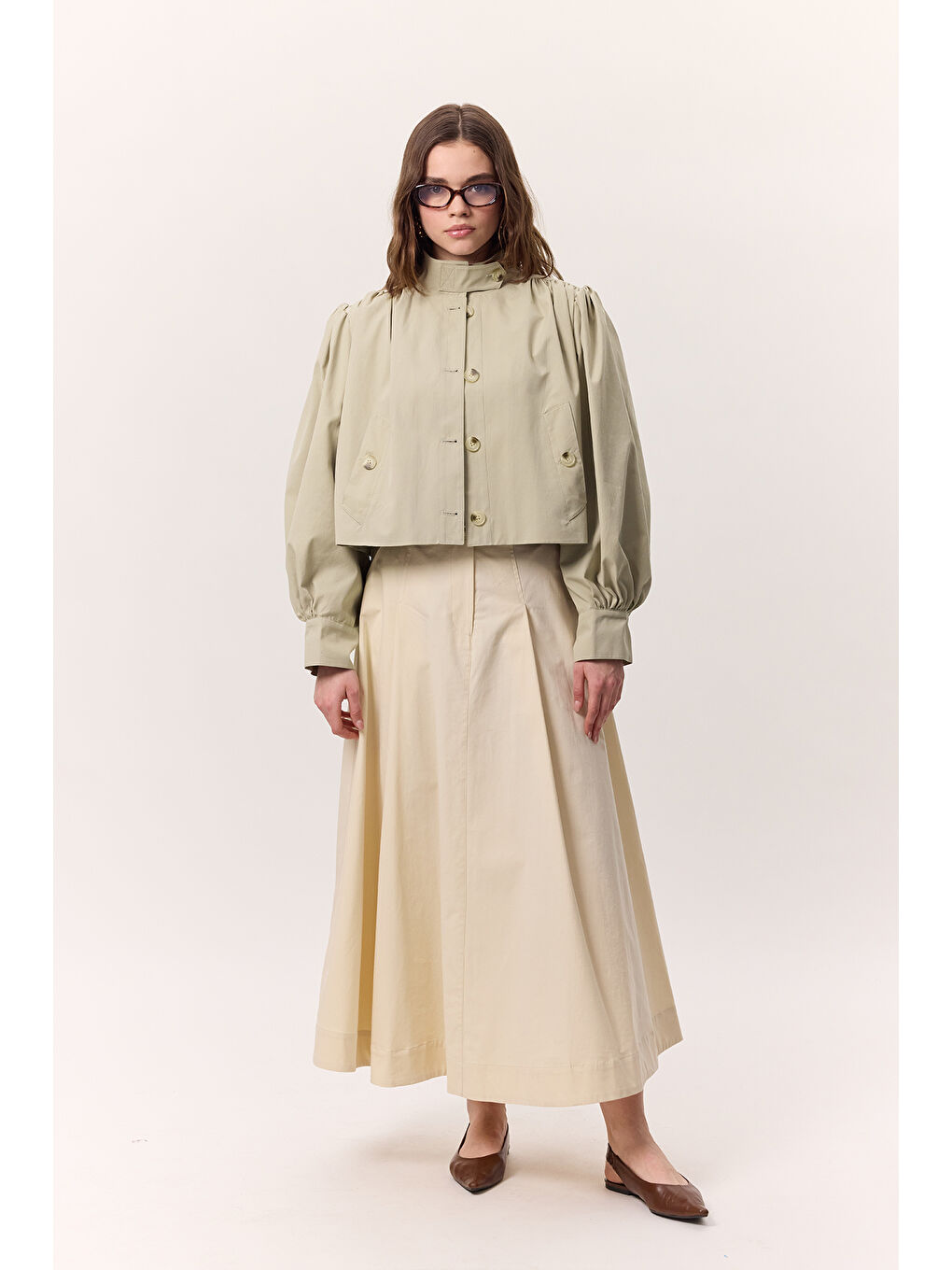 Ekru Cep Detaylı Geniş Etek Tereyağı