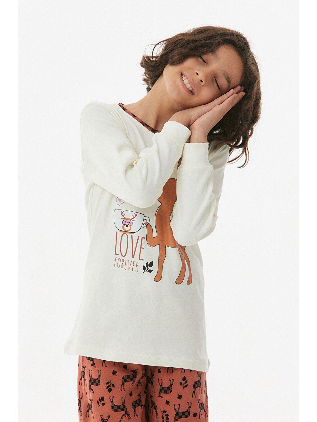 Ekru Geyik Baskılı Kız Çocuk Takım-1