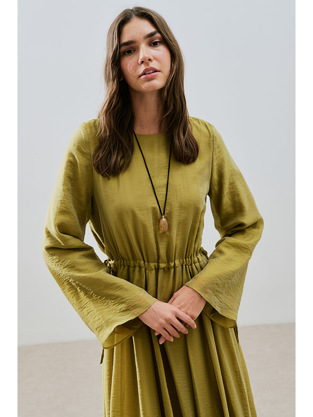 Uzun Beli Ayarlamalı Elbise Sarı-4