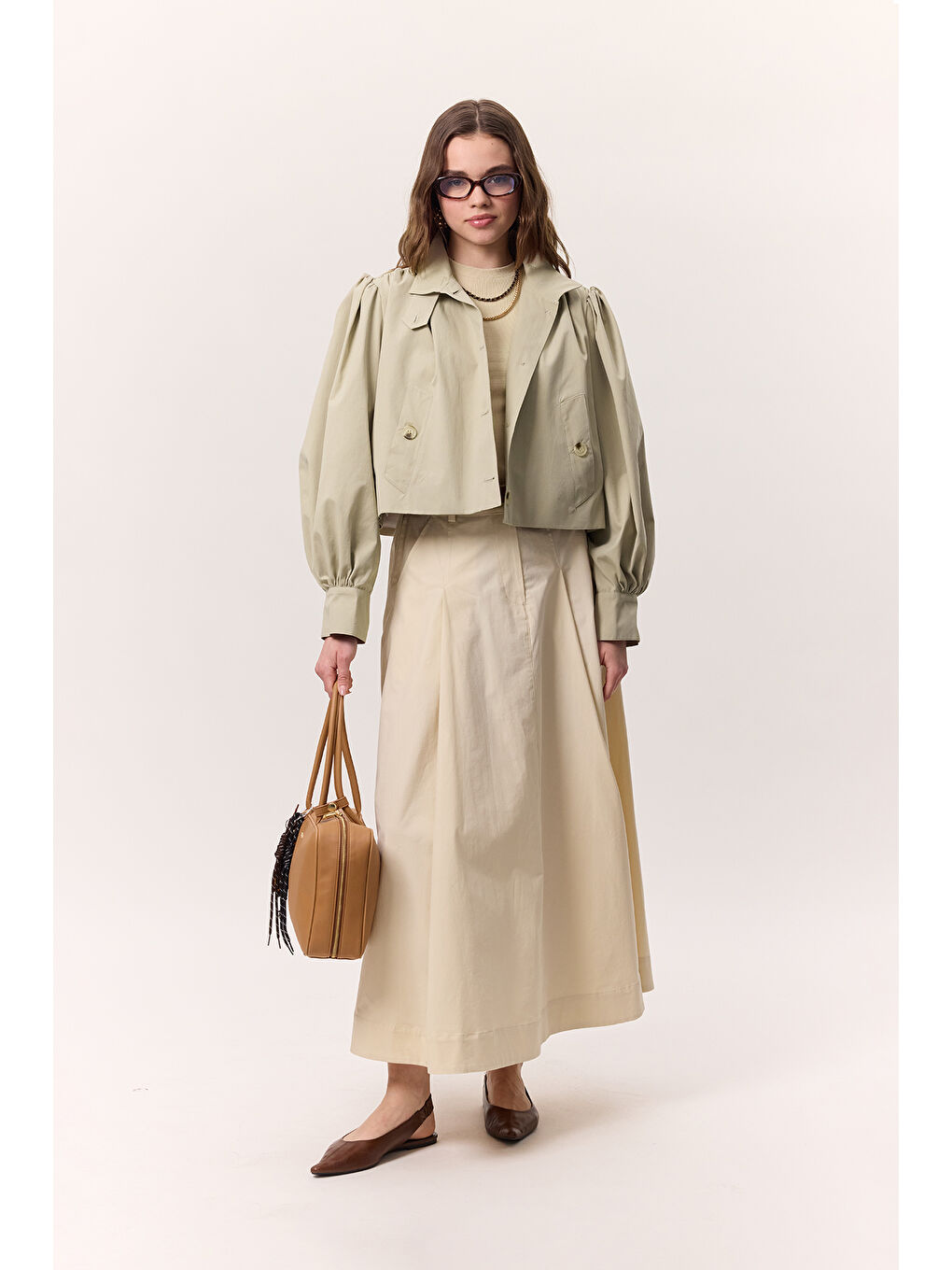 Ekru Cep Detaylı Geniş Etek Tereyağı-1