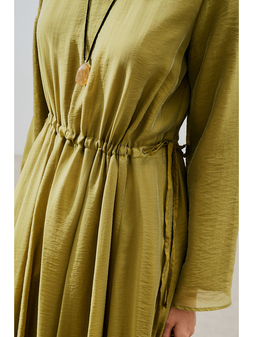 Uzun Beli Ayarlamalı Elbise Sarı-5