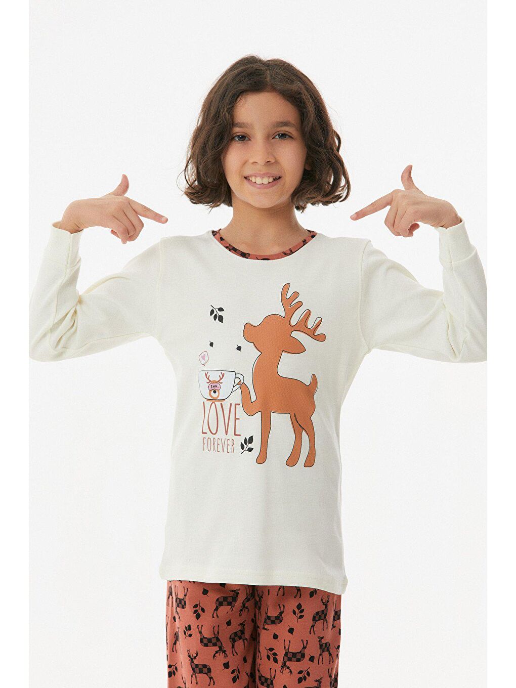 Ekru Geyik Baskılı Kız Çocuk Takım-3