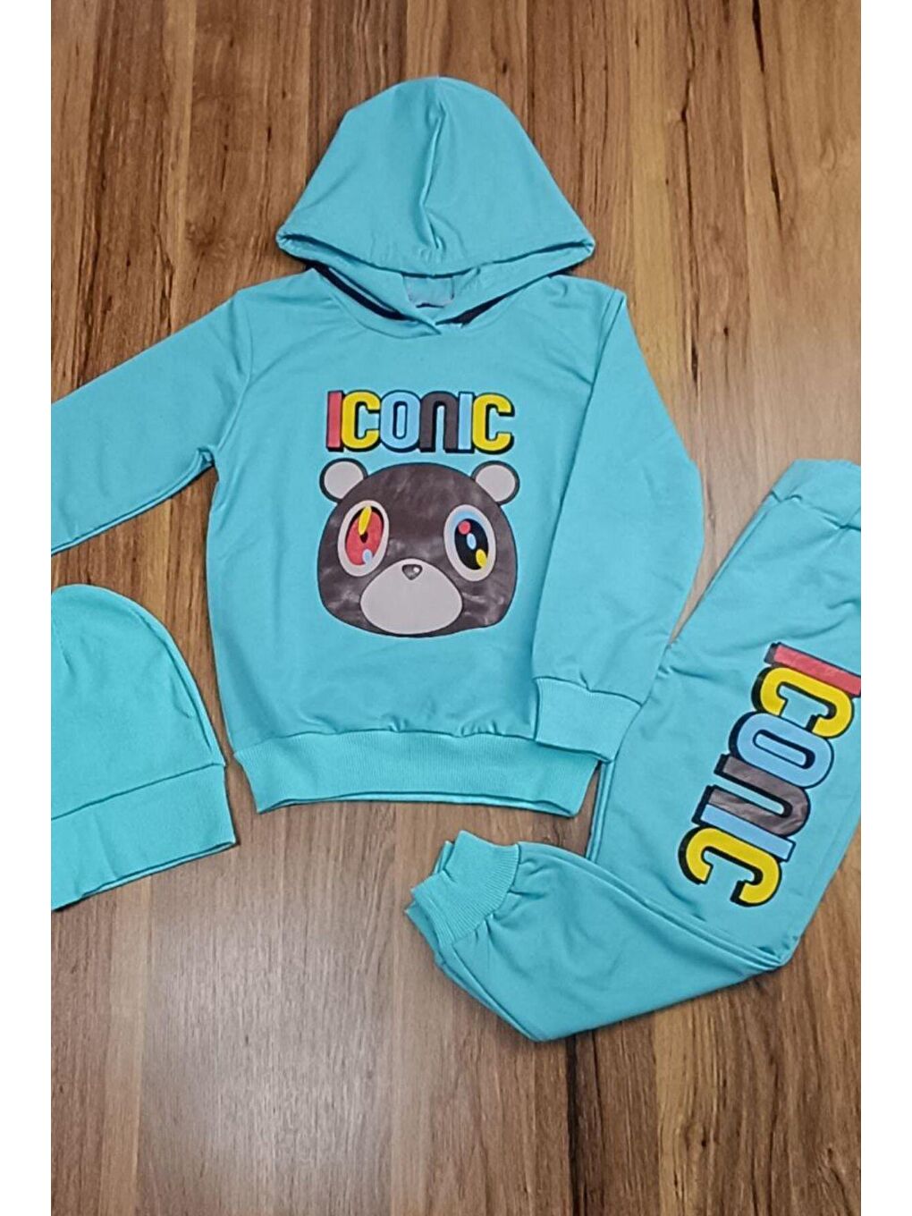 Kız Çocuk Yazı Baskılı Kapşonlu ve Bereli  Açık Mavi Eşofman Takım