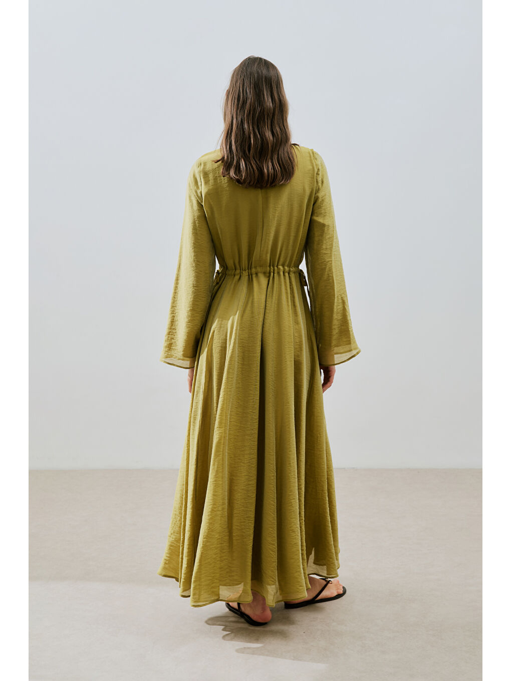 Uzun Beli Ayarlamalı Elbise Sarı-7