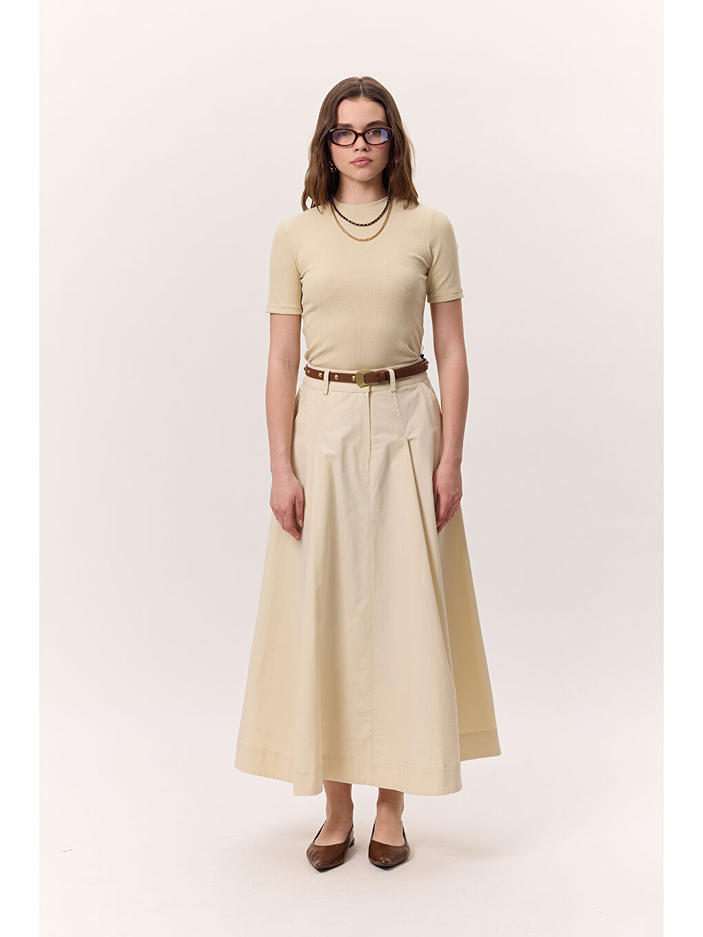 Ekru Cep Detaylı Geniş Etek Tereyağı-4
