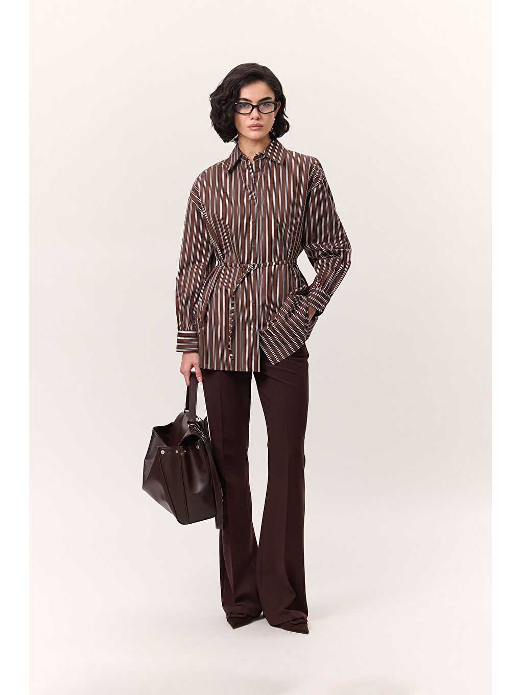 Çizgili Kemerli Gömlek Kahverengi-1