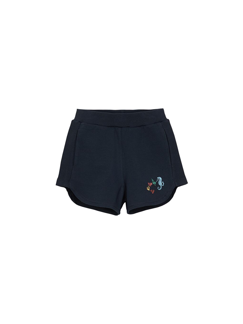 Koyu Lacivert Kız Çocuk İki İplik Deniz Atı Baskılı Şort