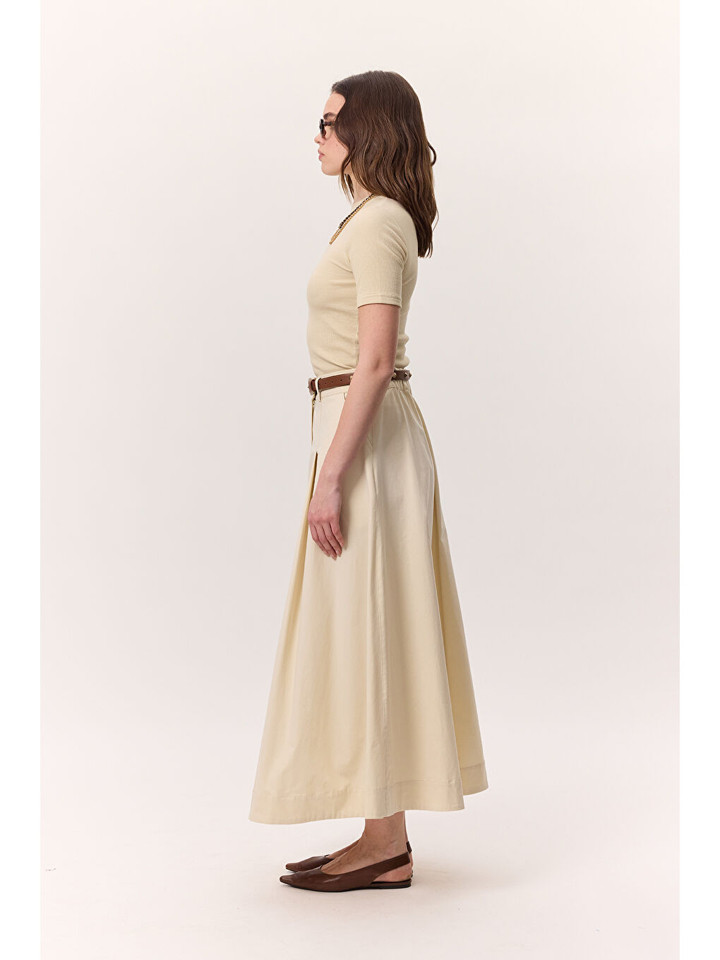 Ekru Cep Detaylı Geniş Etek Tereyağı-5