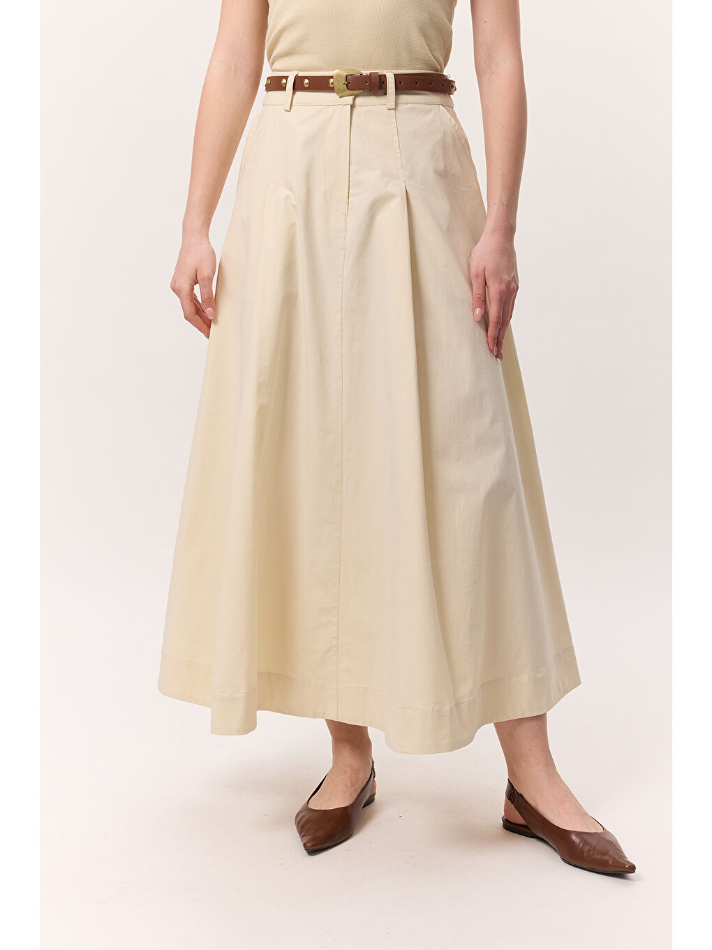 Ekru Cep Detaylı Geniş Etek Tereyağı-6