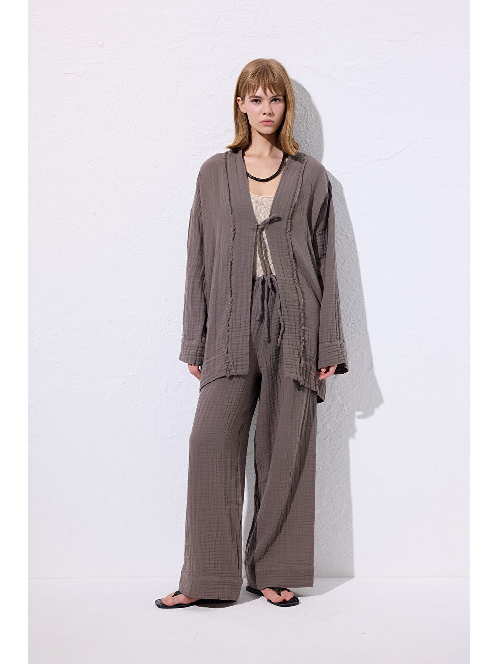 Müslin Geniş Kollu Kimono Gri-2