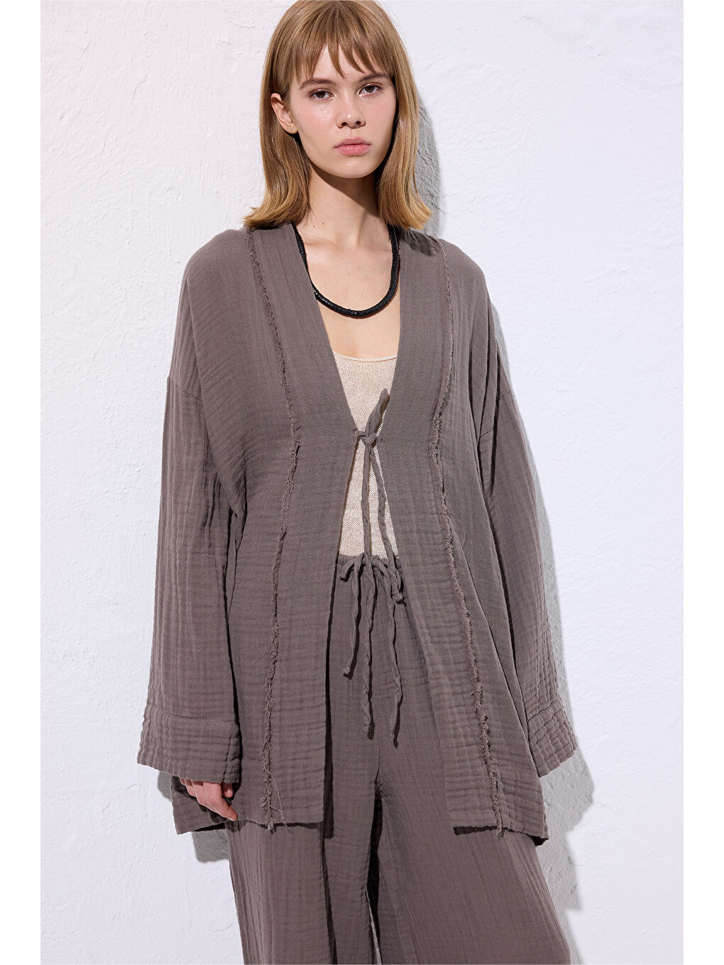Müslin Geniş Kollu Kimono Gri-3