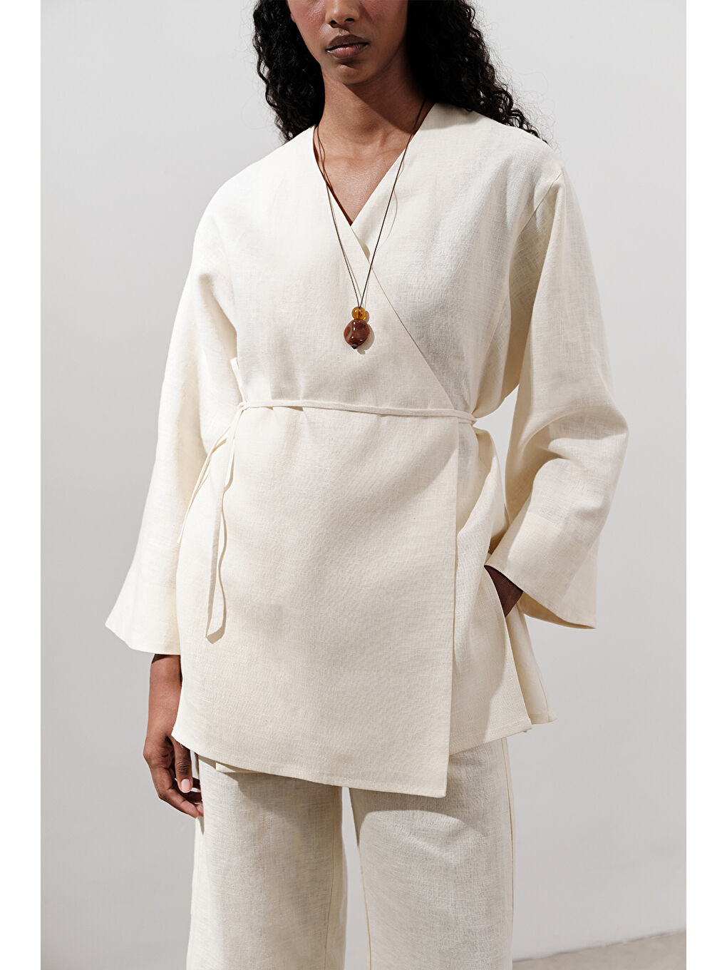 Bej Keten Kruvaze Kapama Kimono Vanilya-1