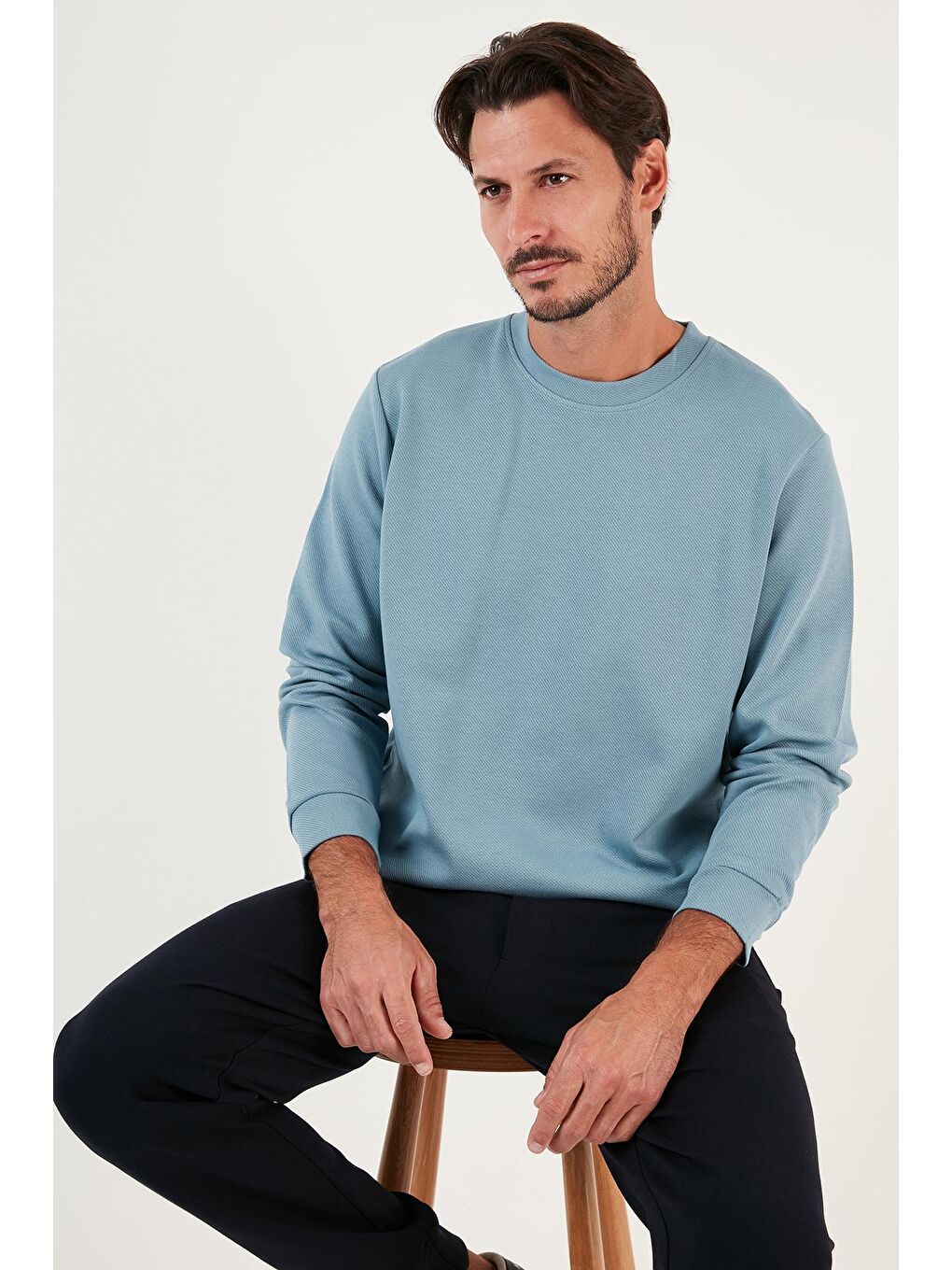 Buratti Mavi Pamuklu Bisiklet Yaka Regular Fit Basic Erkek Sweatshirt 5905521