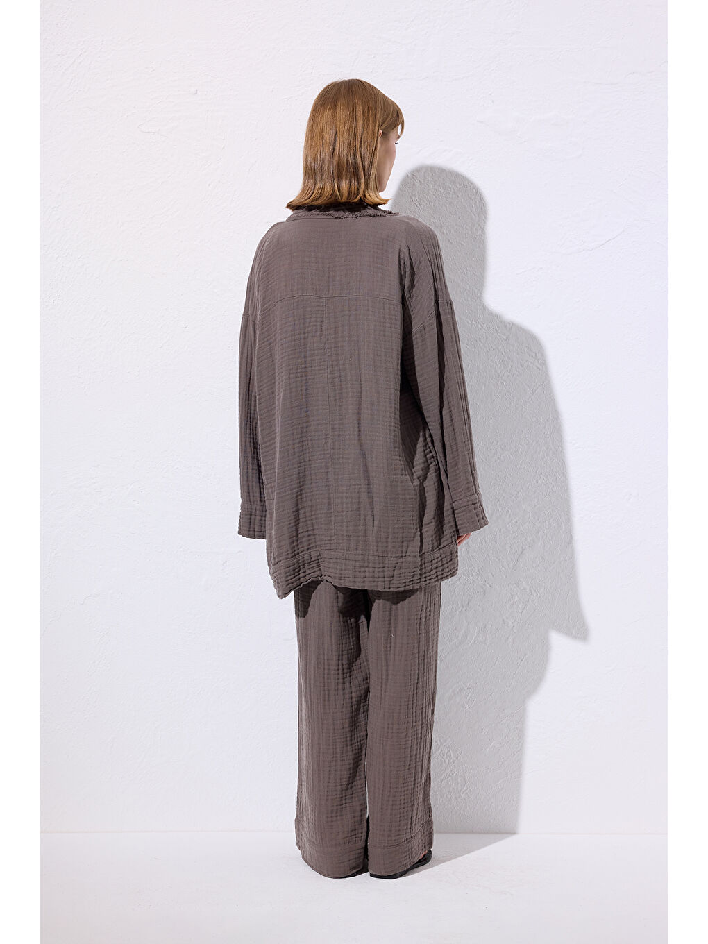 Müslin Geniş Kollu Kimono Gri-4