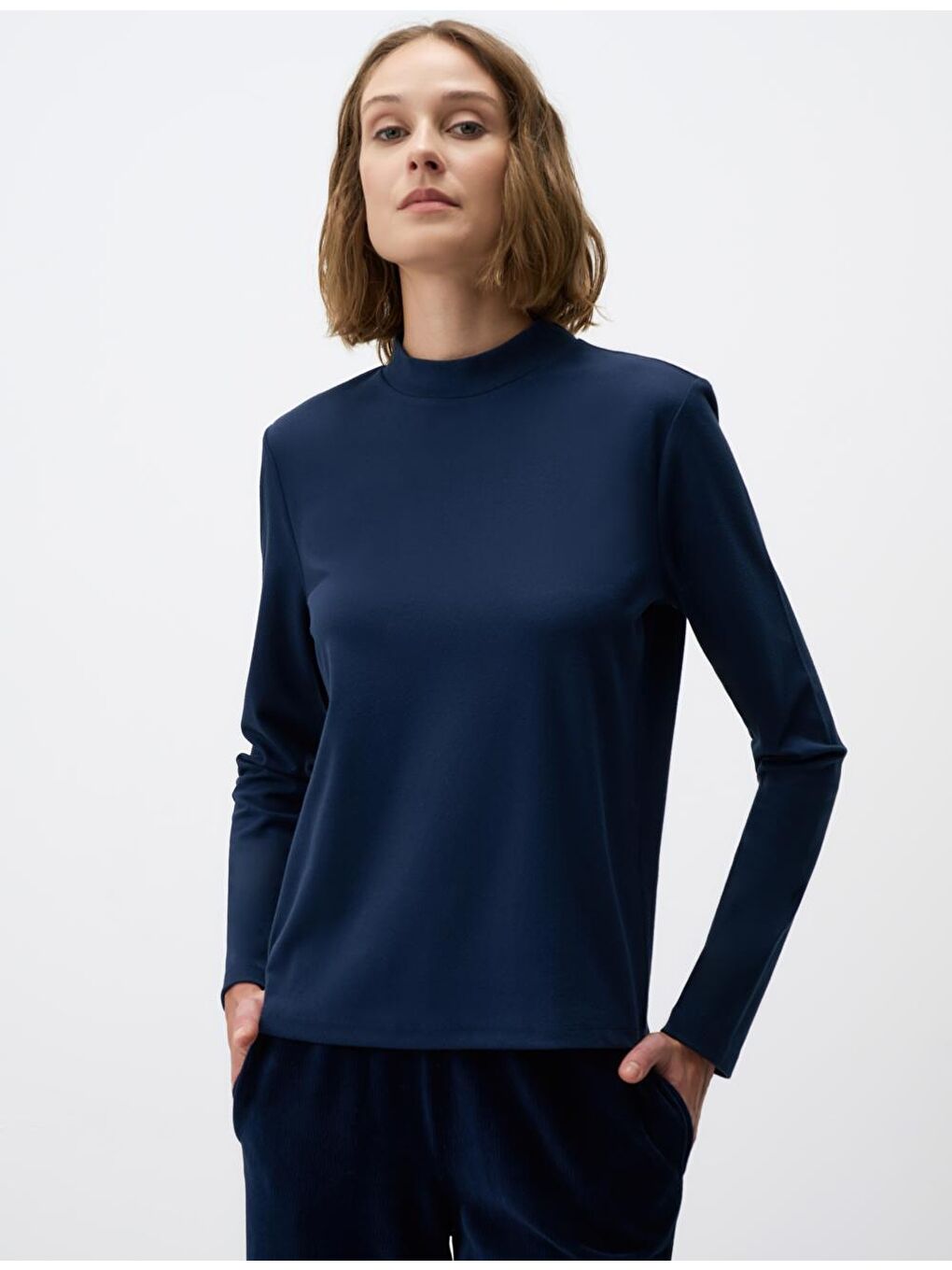 Lacivert Balıkçı Yaka Uzun Kollu Örme Sweatshirt