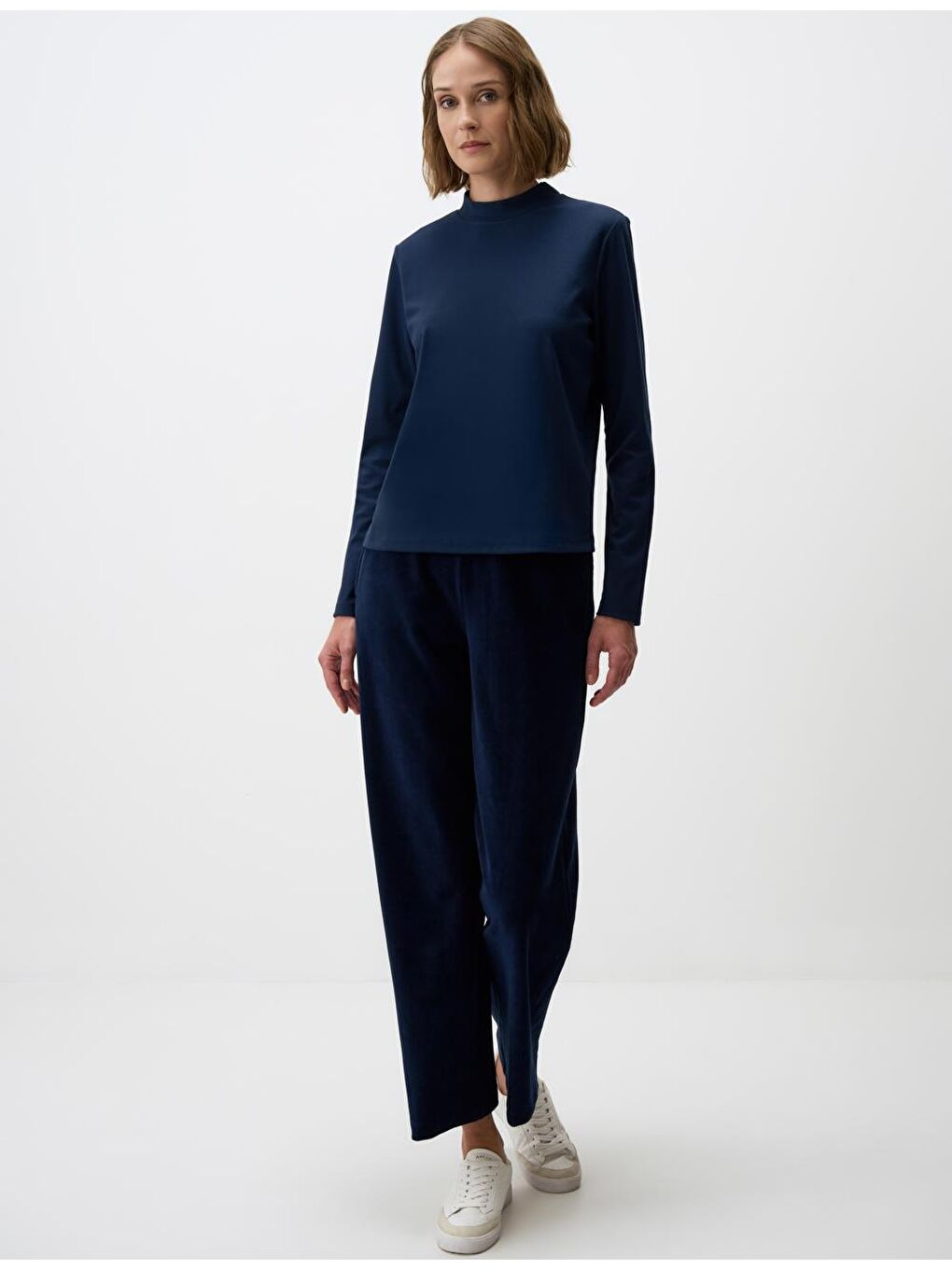 Lacivert Balıkçı Yaka Uzun Kollu Örme Sweatshirt-1