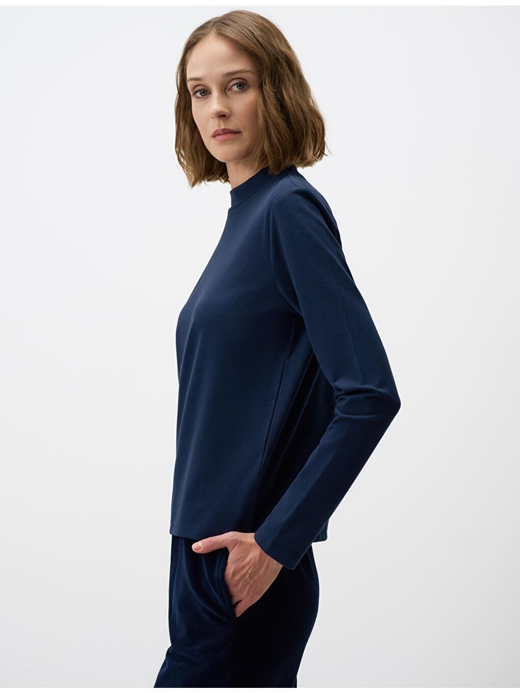 Lacivert Balıkçı Yaka Uzun Kollu Örme Sweatshirt-2