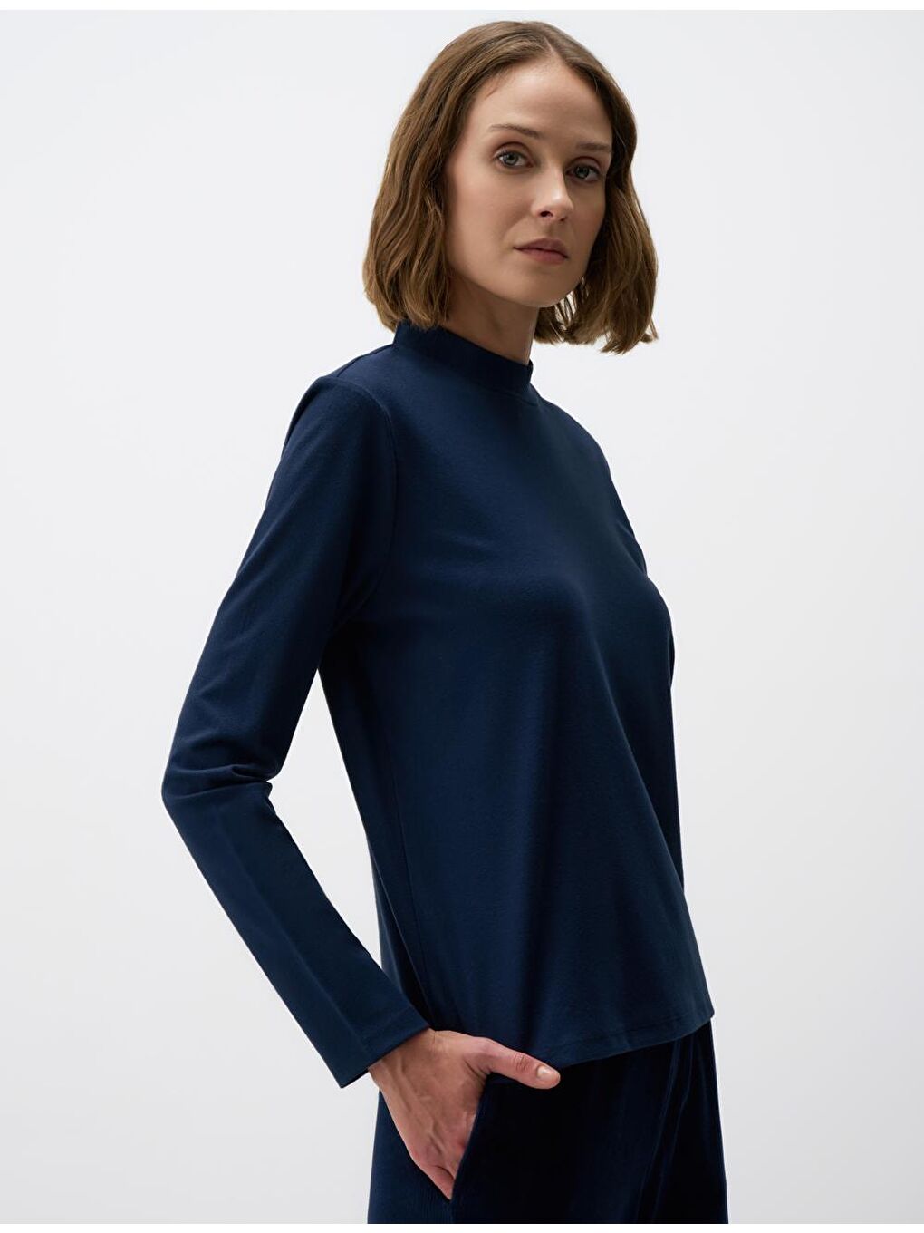 Lacivert Balıkçı Yaka Uzun Kollu Örme Sweatshirt-3