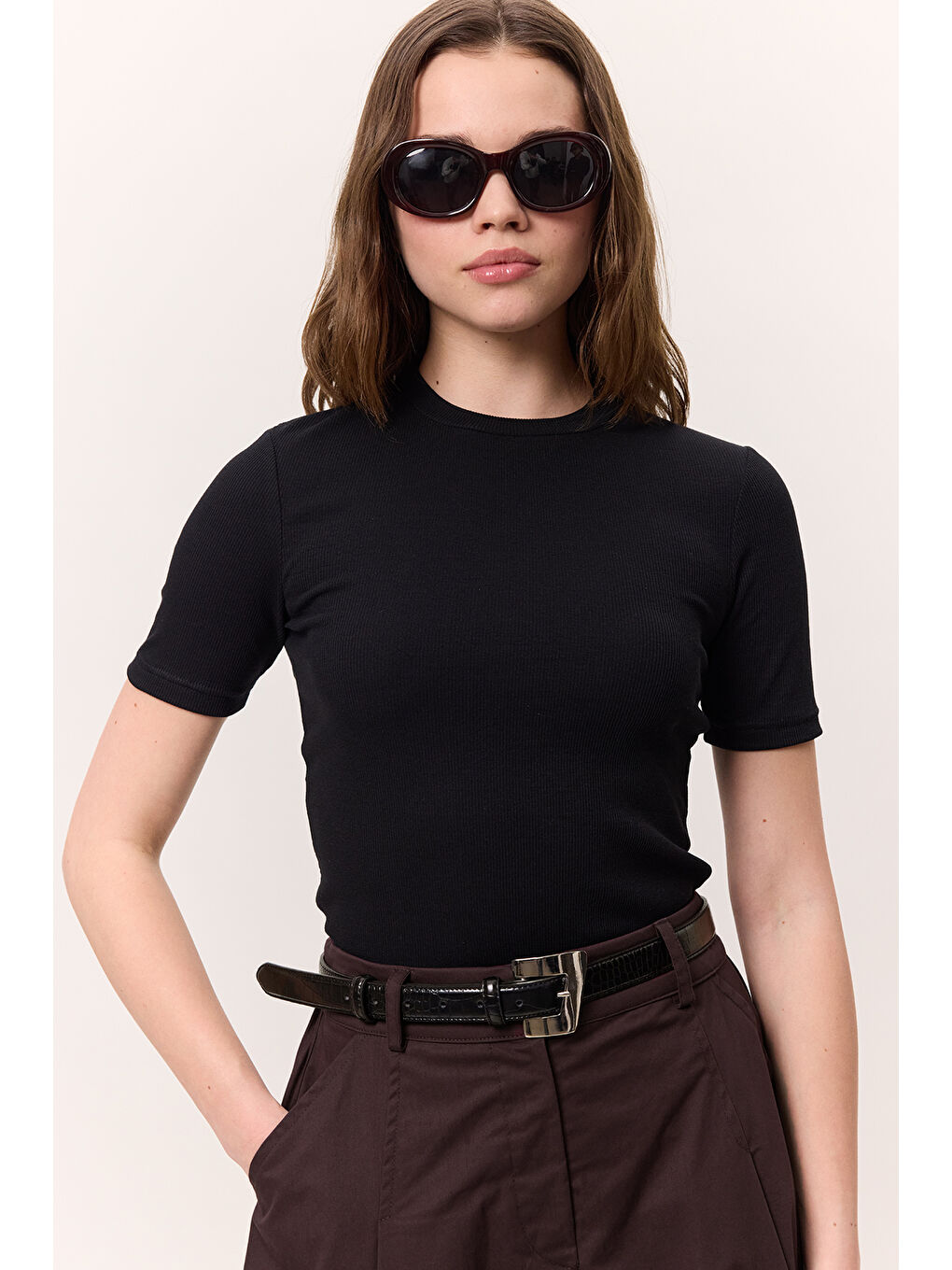 Dokulu Deri Metal Tokalı Kemer Siyah