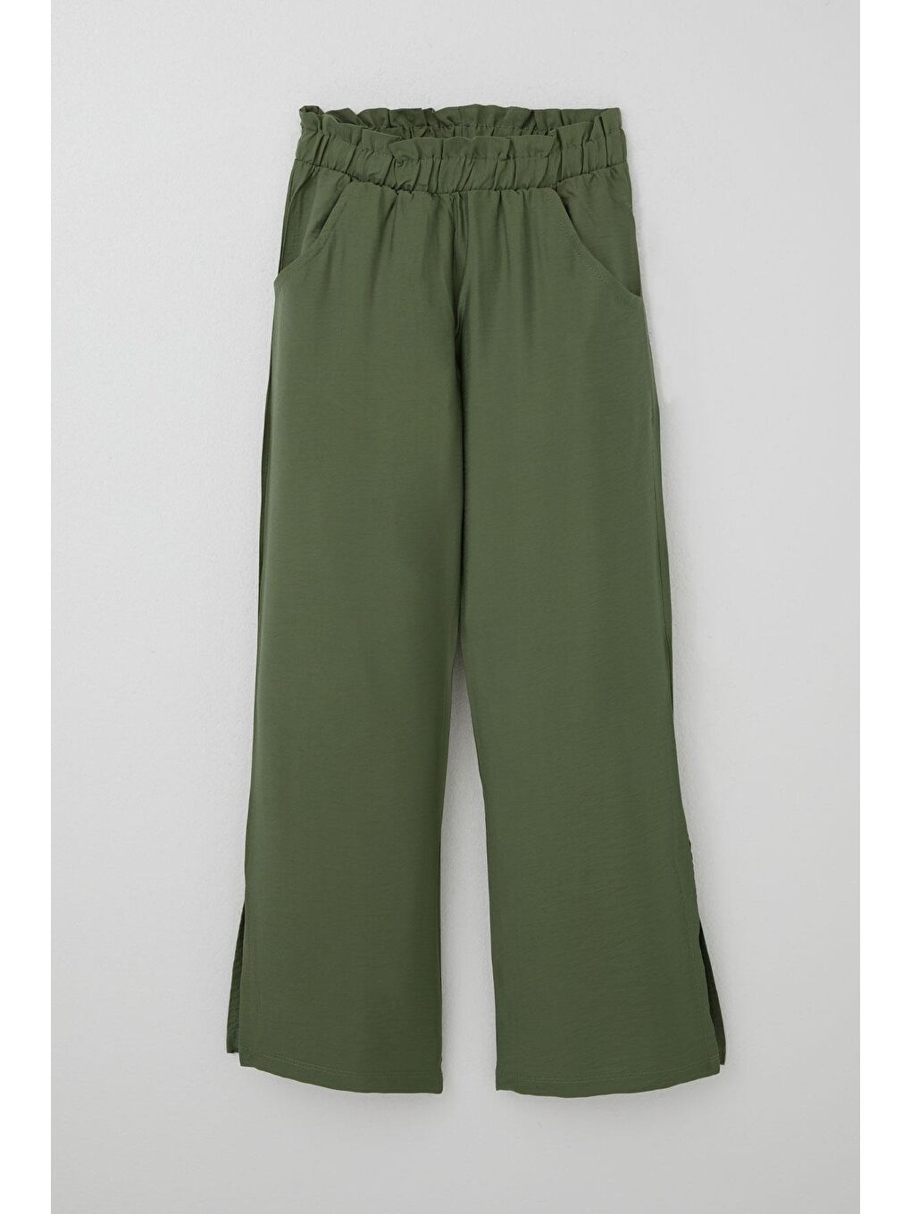 Kız Çocuk Pantolon Cepli Paçası Yırtmaçlı Haki Yeşil (8-14 Yaş)