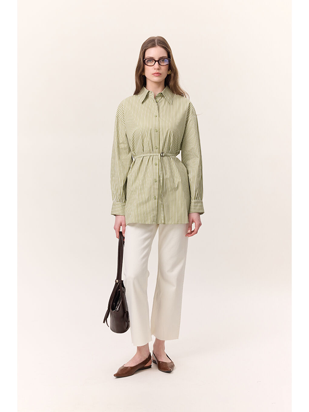 Çizgili Kemerli Gömlek Yeşil-1