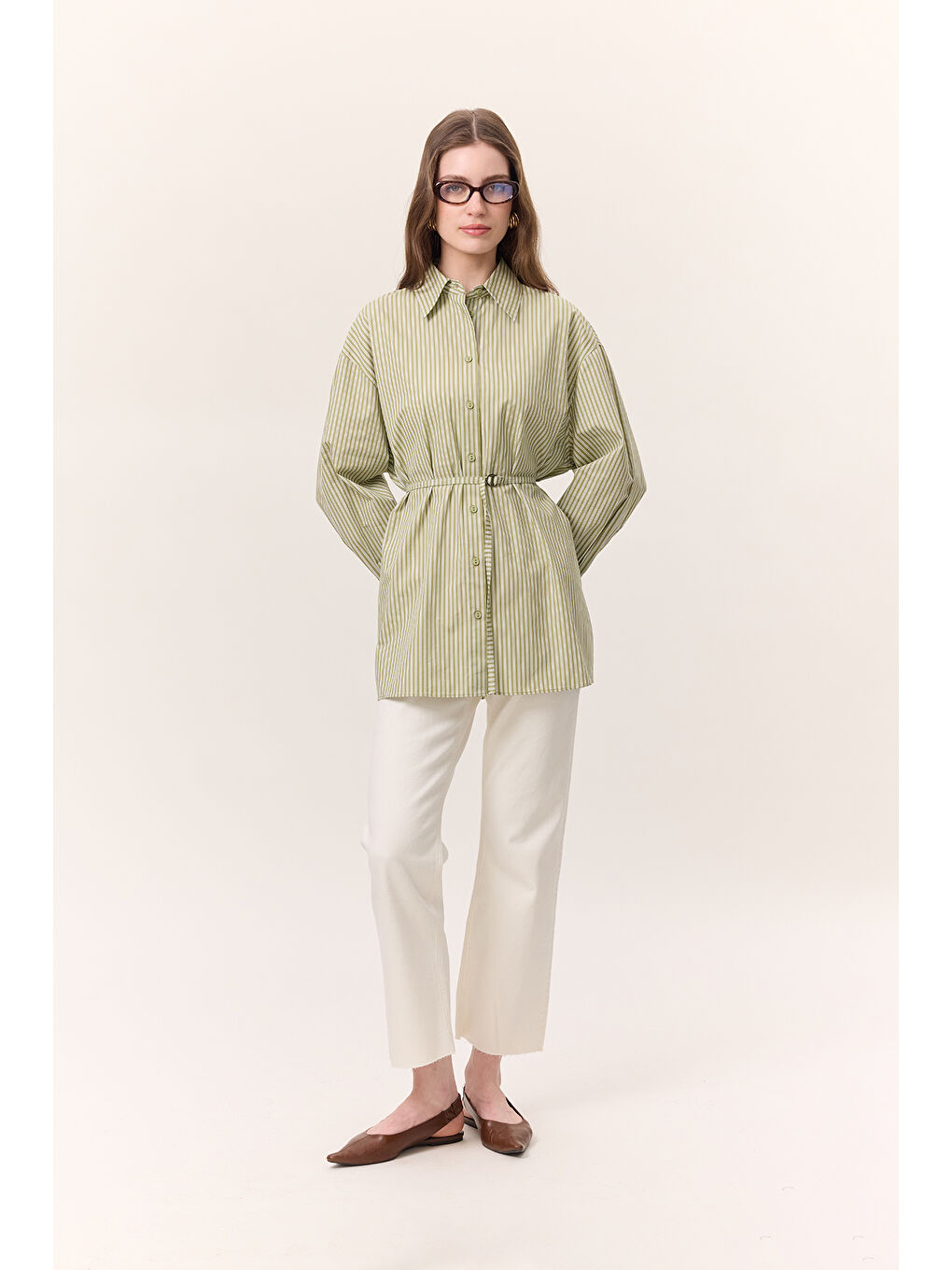 Çizgili Kemerli Gömlek Yeşil-2