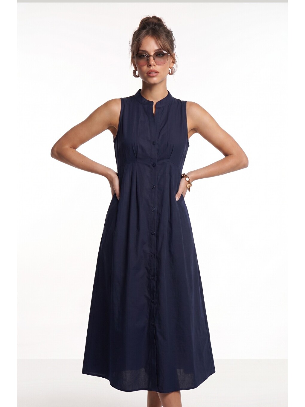 Kolsuz Midi Poplin Gömlek Elbise Lacivert Lmx0093-4