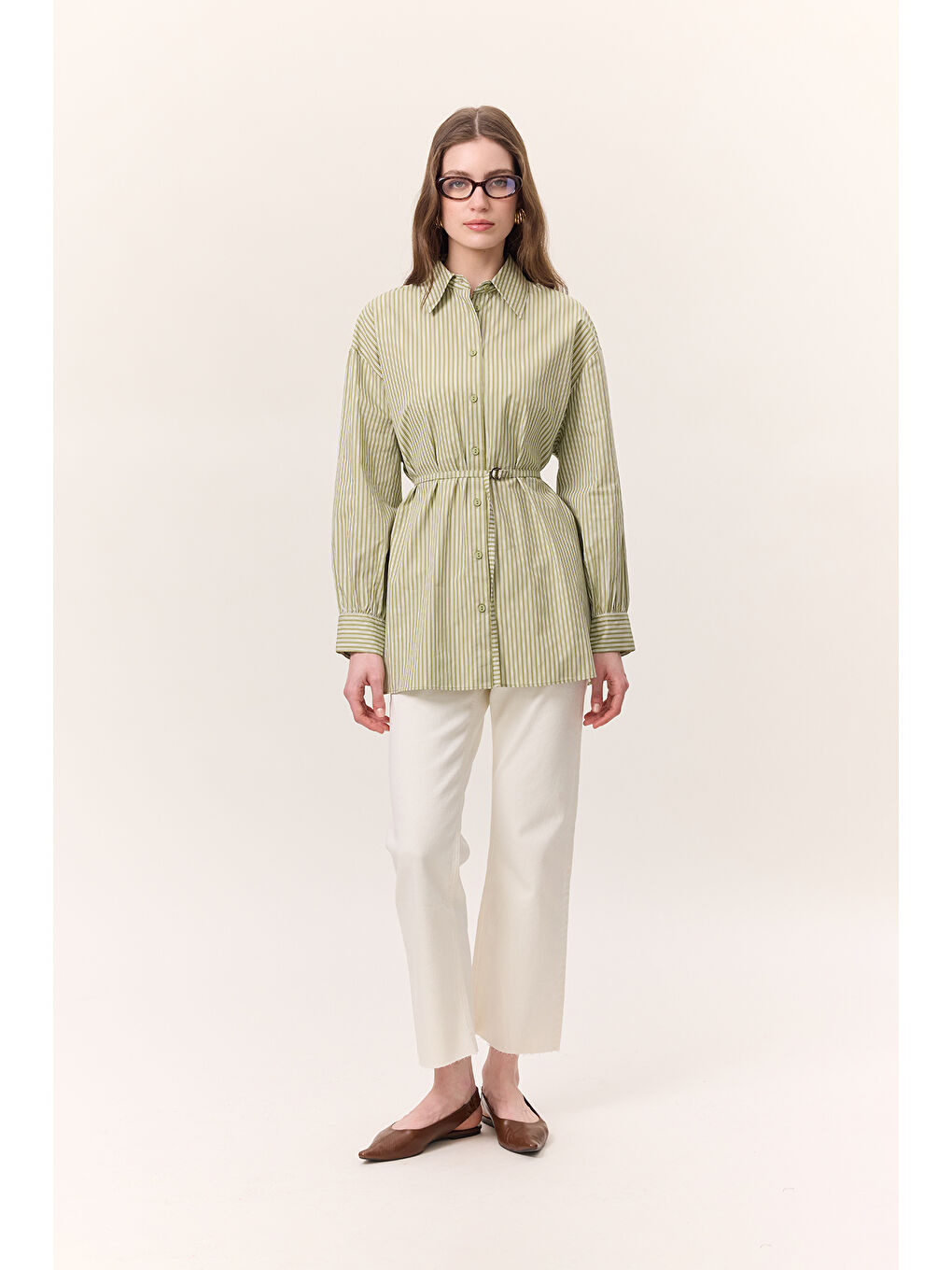 Çizgili Kemerli Gömlek Yeşil-3