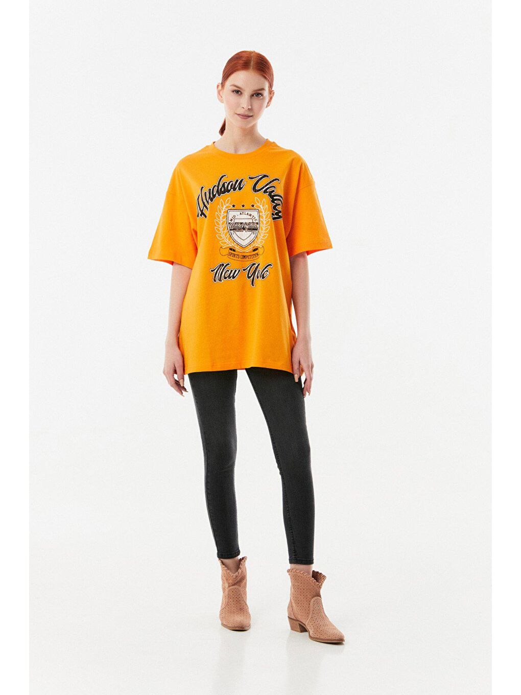 Turuncu Baskılı Bisiklet Yaka Oversize Tişört-1