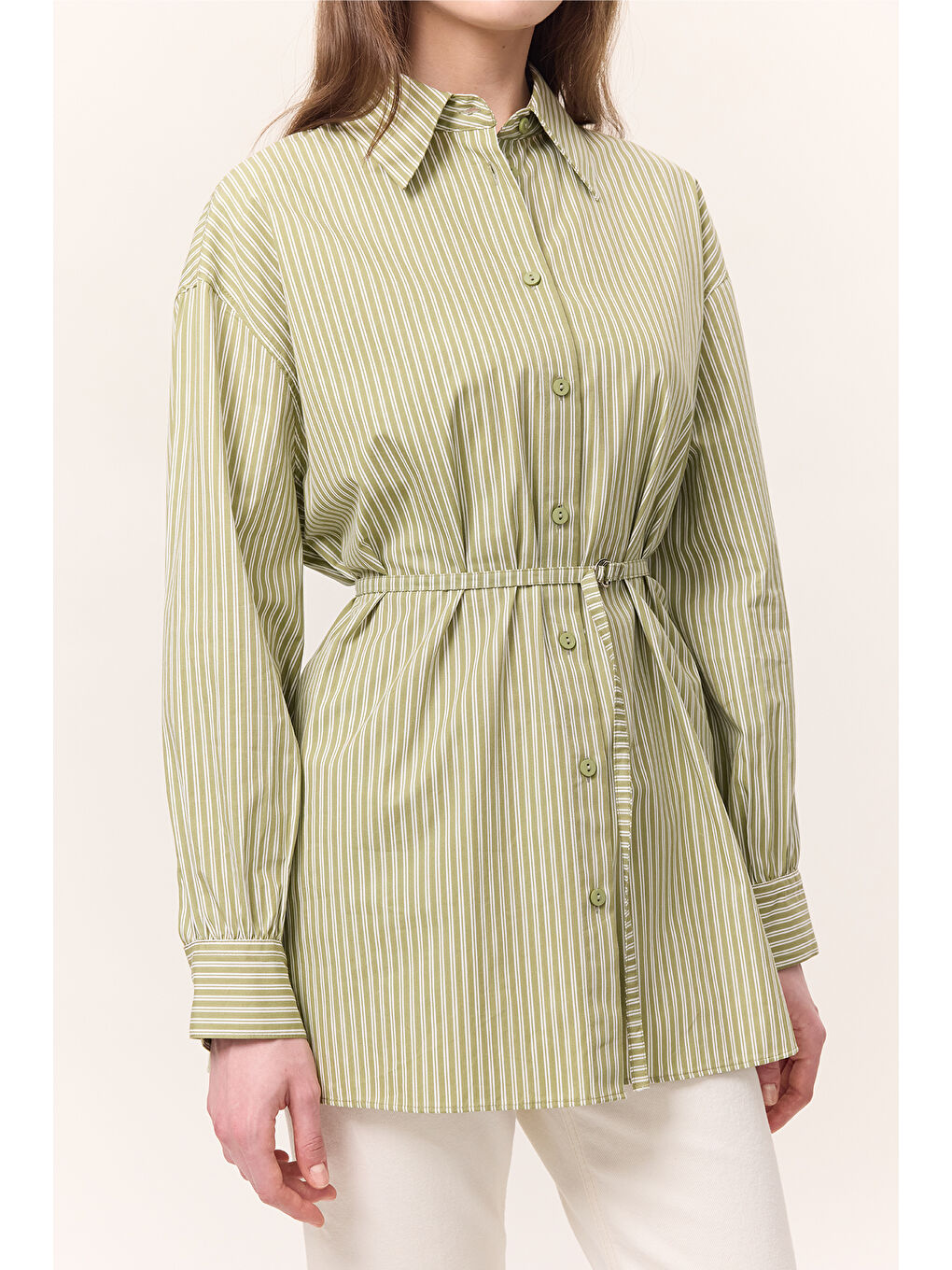 Çizgili Kemerli Gömlek Yeşil-4