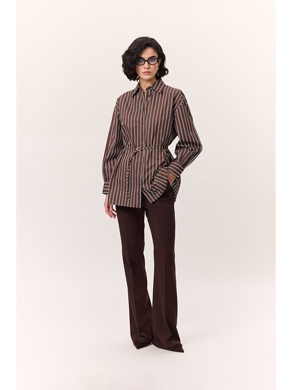 Çizgili Kemerli Gömlek Kahverengi-4