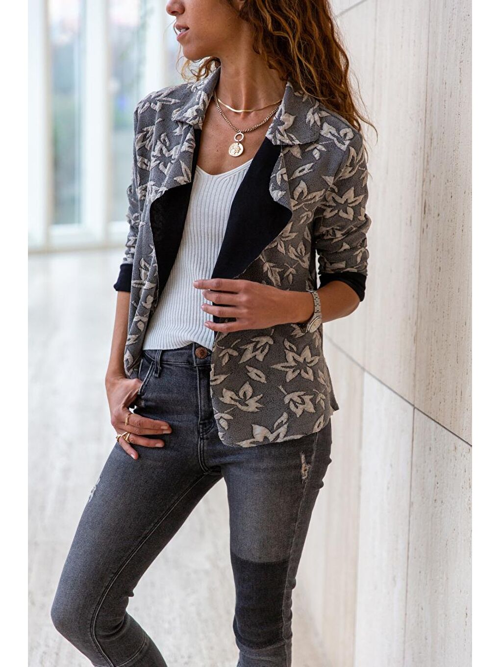 Kadın Antrasit Kendinden Dokulu Çift Taraflı Ceket Hırka GK-BST2800