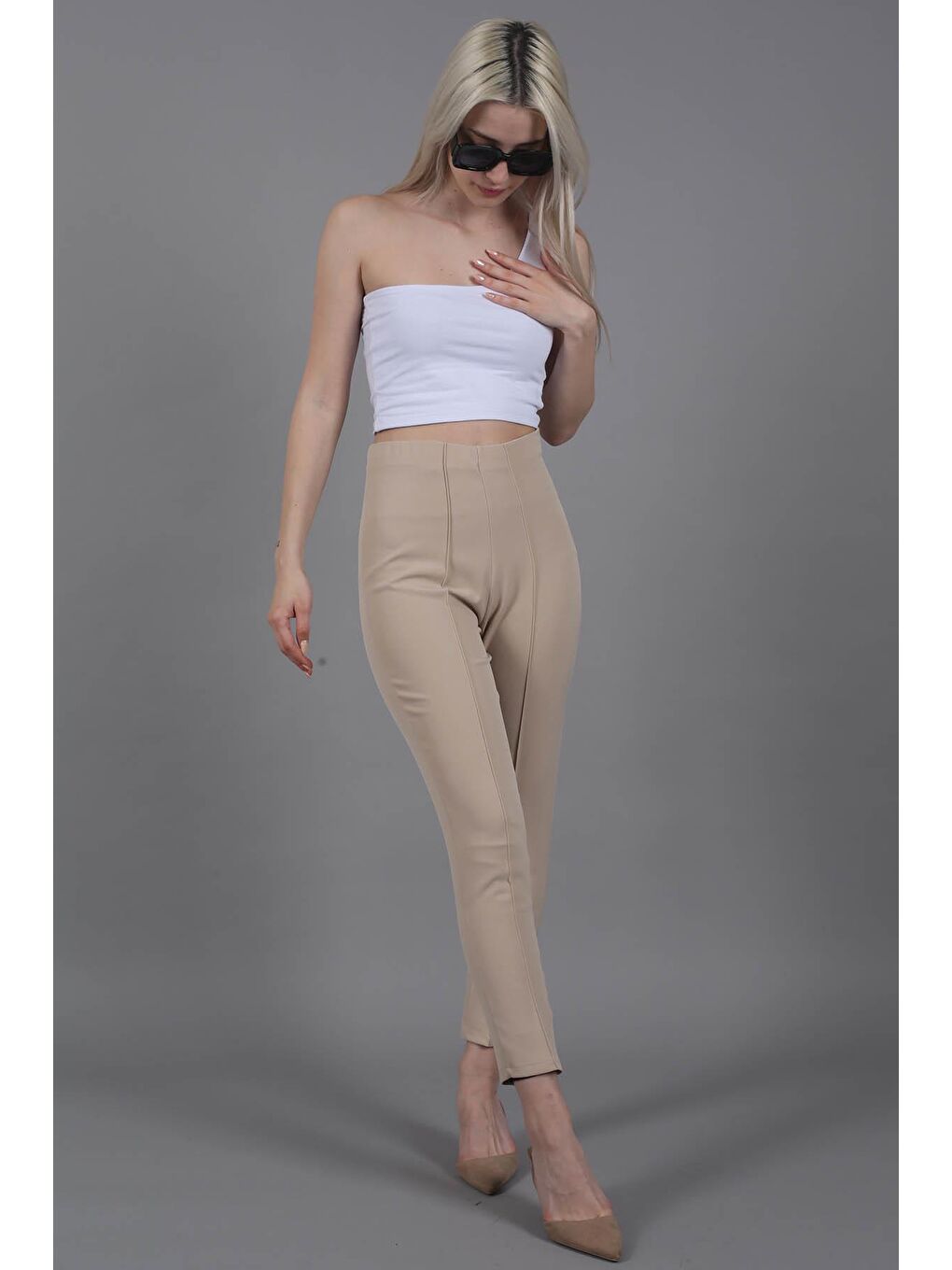Bej Beli Lastikli Boru Paça  Kadın Pantolon MG1837-2
