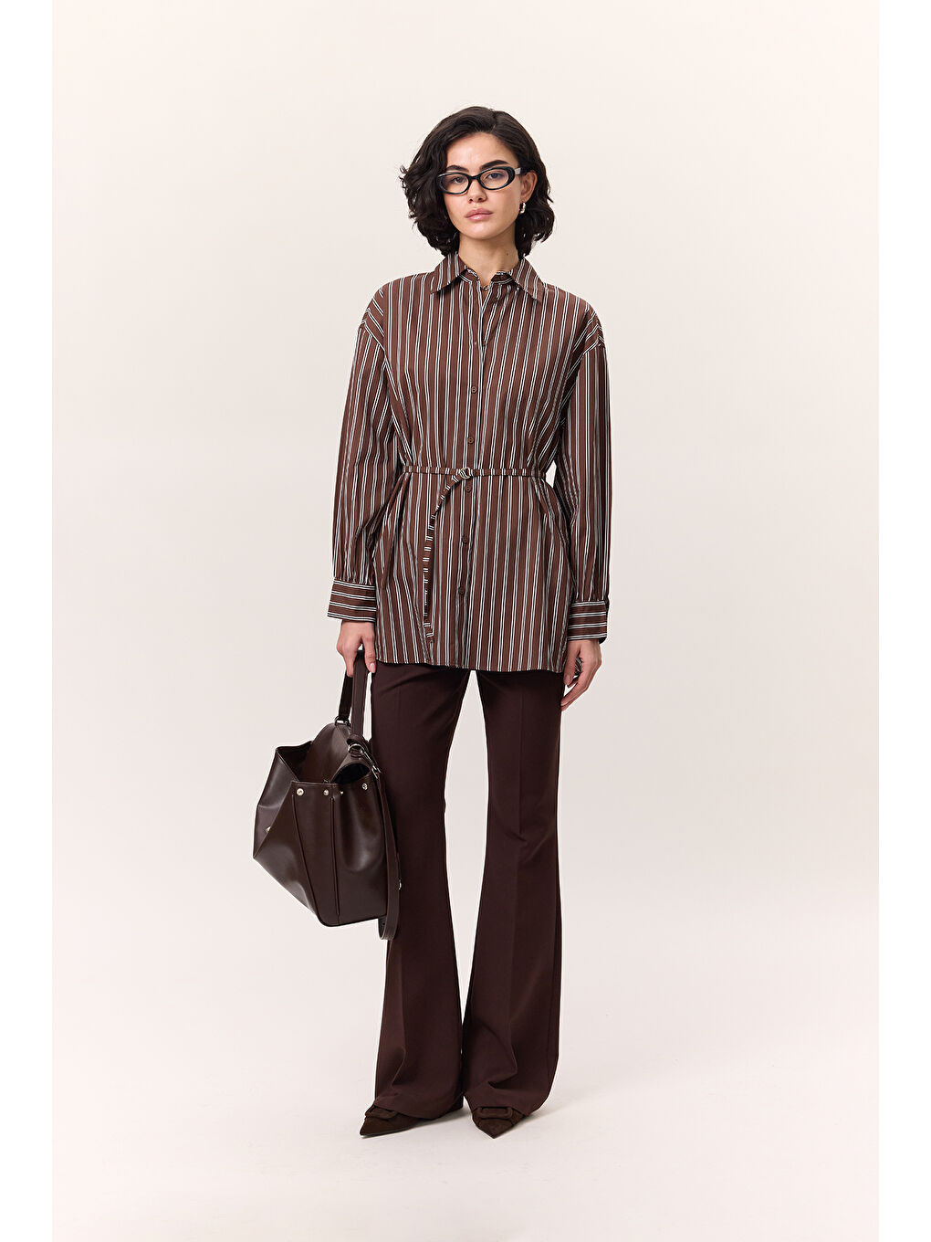 Çizgili Kemerli Gömlek Kahverengi-5