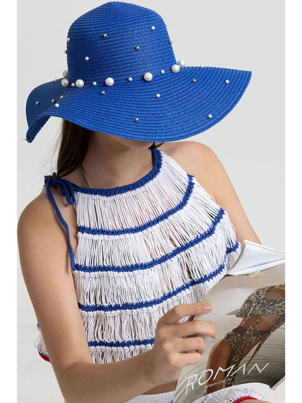 Mavi Saks İncili Geniş Hasır Şapka HSR2069 Kutulu Gönderim