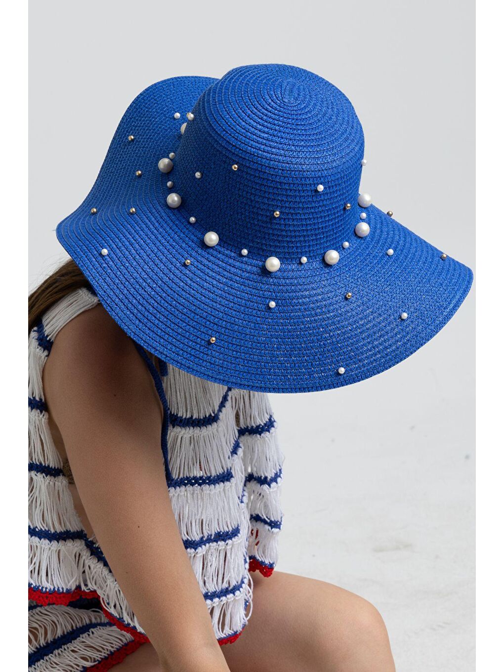 Mavi Saks İncili Geniş Hasır Şapka HSR2069 Kutulu Gönderim-1