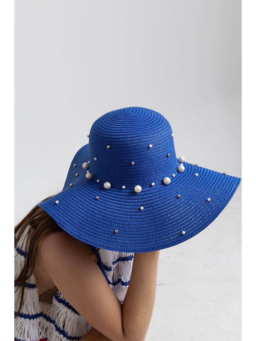 Mavi Saks İncili Geniş Hasır Şapka HSR2069 Kutulu Gönderim-2