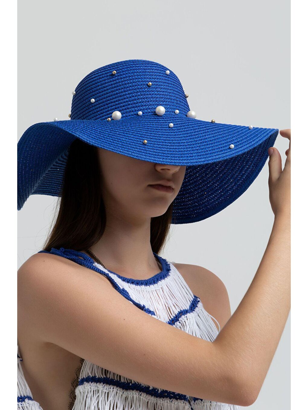 Mavi Saks İncili Geniş Hasır Şapka HSR2069 Kutulu Gönderim-3