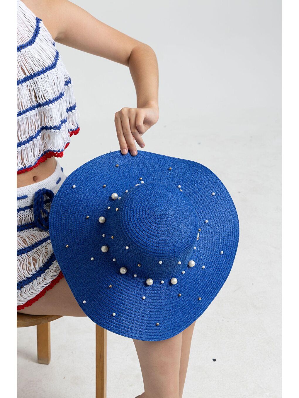 Mavi Saks İncili Geniş Hasır Şapka HSR2069 Kutulu Gönderim-4