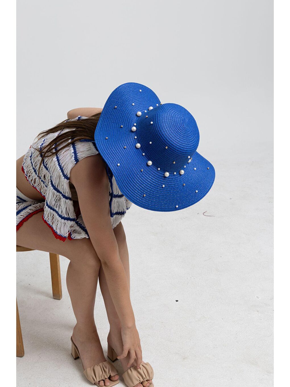 Mavi Saks İncili Geniş Hasır Şapka HSR2069 Kutulu Gönderim-5