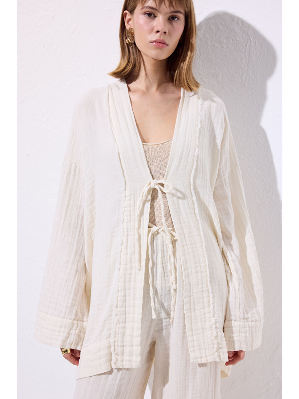 Müslin Geniş Kollu Kimono Bej